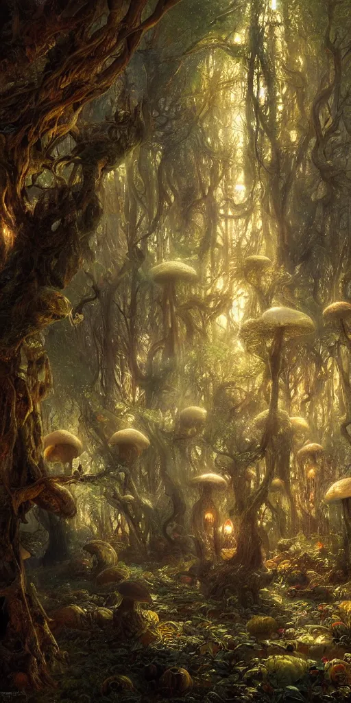 Image similar to enchanted mushroom forest, radiant light, caustics, by gaston bussiere, bayard wu, greg rutkowski, giger, maxim verehin