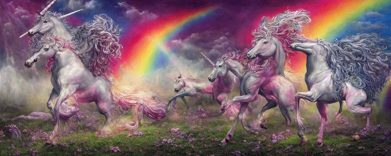 Image similar to a beautiful detailed mate painting of unicorns dancing under a rainbow on a graveyard'by wayne barlowe, existential horror, trending on cgsociety artstation, highly detailed, 8 k, masterpiece, super resolution.