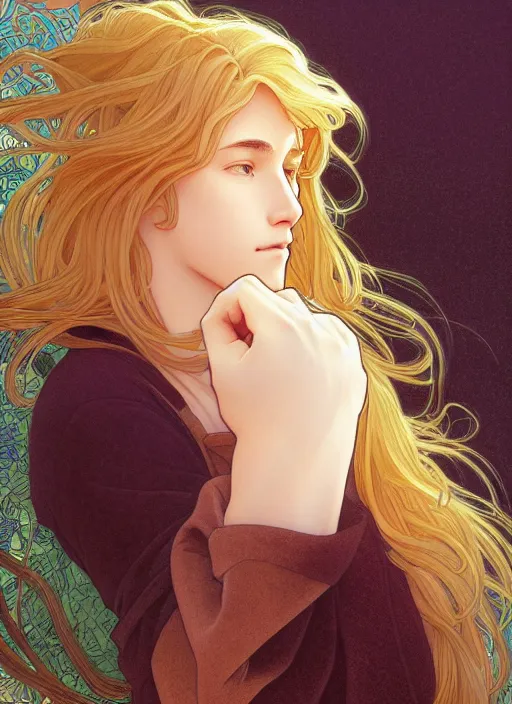 Image similar to pretty young man with shoulder length shiny shimmering golden blond hair, path traced, highly detailed, high quality, digital painting, by studio ghibli and alphonse mucha, leesha hannigan, disney