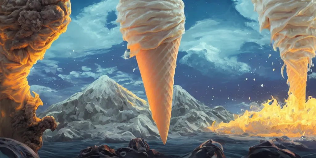 Prompt: closeup of vanilla ice cream cone in the foreground is being eaten by Cthulhu, exploding volcano is hit by meteor in the background, by Philipp A. Urlich and H. R. Geiger and H. P. Lovecraft, fantasy, intricate, elegant, highly detailed, digital painting, artstation, blender, unreal engine 5, octane render, smooth, sharp focus, illustration