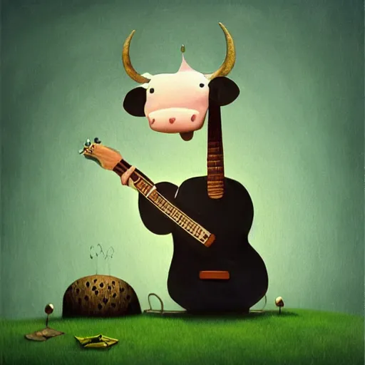 Image similar to cow playing a guitar, illustration by gediminas pranckevicius