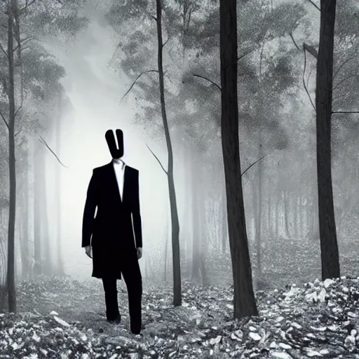 Prompt: slenderman, slenderman is selling vegemite, dark and eerie, realistic cgi, no face, tall and wearing suit