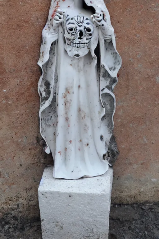 Image similar to full body of La catrina statue sculpted on white marble with blood stains by Bernini and kris kuksi