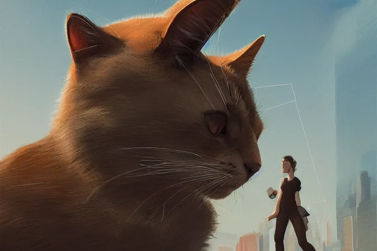 Prompt: human standing against a giant cat, highly detailed, photorealistic, reflections, smooth, sharp focus, concept art, illustration, beautiful, geometric, trending on artstation, cinematic, featured on behance , artwork by WLOP and Tran, Ross