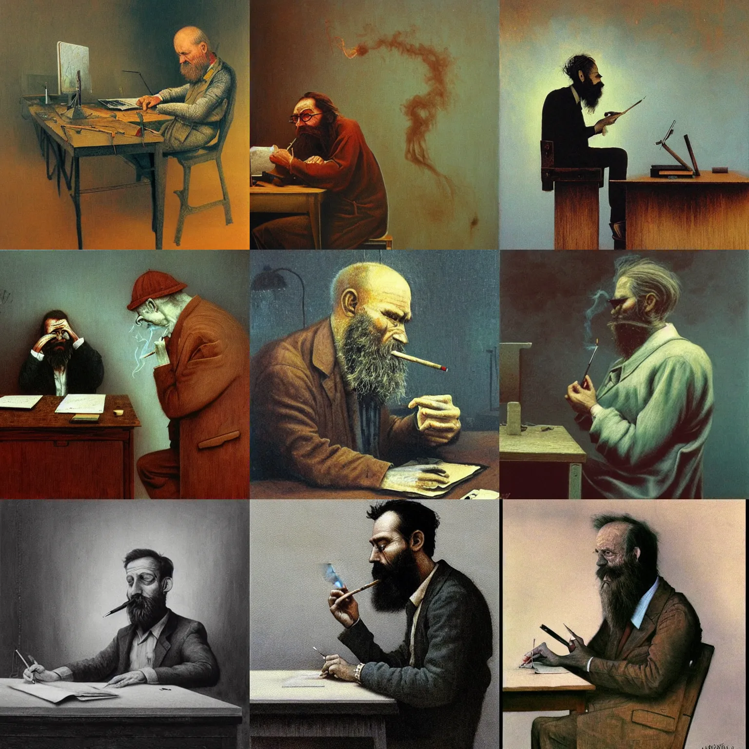 Prompt: Beksinski painting of a writer with a beard sitting at his desk, he is smoking a cigarette