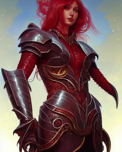 Image similar to Fantasy crimson knight, moonlit, HD, illustration, epic, D&D, fantasy, intricate, elegant, highly detailed, digital painting, artstation, concept art, smooth, sharp focus, illustration, art by artgerm and greg rutkowski and alphonse mucha, monster hunter illustrations art book