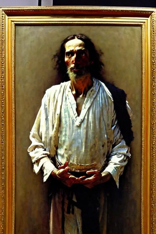 Prompt: norman rockwell and solomon joseph solomon and richard schmid and jeremy lipking victorian loose genre loose painting full length portrait painting of jesus