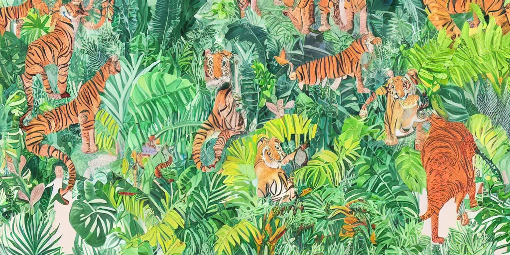 Prompt: detailed illustration, a lush tropical jungle in the style of may gibbs, tiger, elephant, 🐅, 🐘, layered composition, layers, texture, textured, layered, sculpted, dynamic, jungle, tropical, 🌱, 🦋,