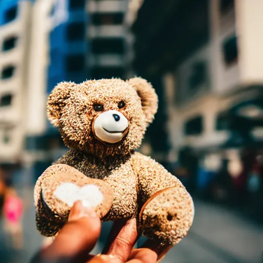 Image similar to a photo of a teddy bear eating a cookie in rio de janeiro, 2 4 mm, summer