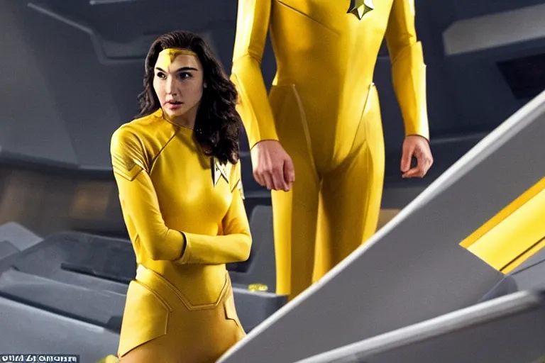 Image similar to Gal Gadot, wearing a yellow uniform, is the captain of the starship Enterprise in the new Star Trek movie