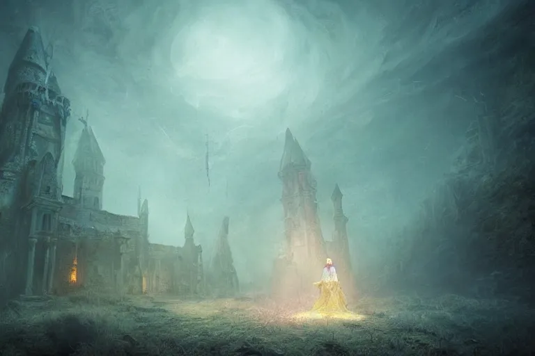 Image similar to Abandoned Castle of the Fire Goddess, atmospheric, digital art, fantasy, magic, arcane, volumetric lighting, illustration by Seb McKinnon, realistic