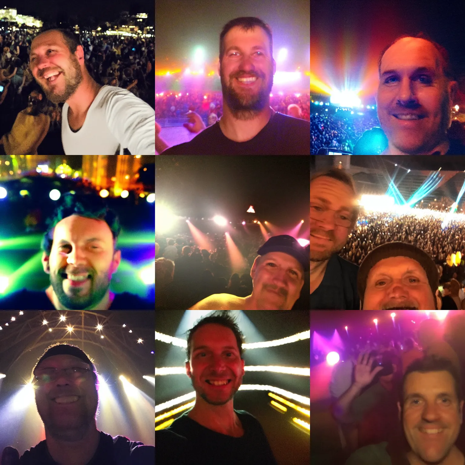 Prompt: a selfie my enthusiastic and happy husband took of himself at a concert, nighttime, bright spotlights, dancing people