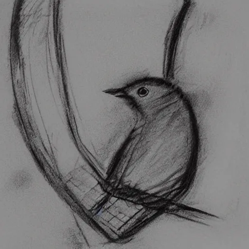 Image similar to an abstract rough charcoal sketch of a bird in a bird in a cage, black and white