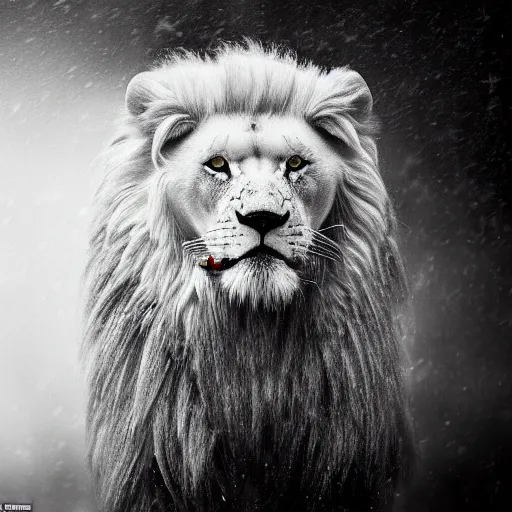 Prompt: an award winning National Geographic picture of a white lion wearing a denim Jacket in the snow by Lee Jeffries, 85mm ND 5, perfect lighting in a snow storm