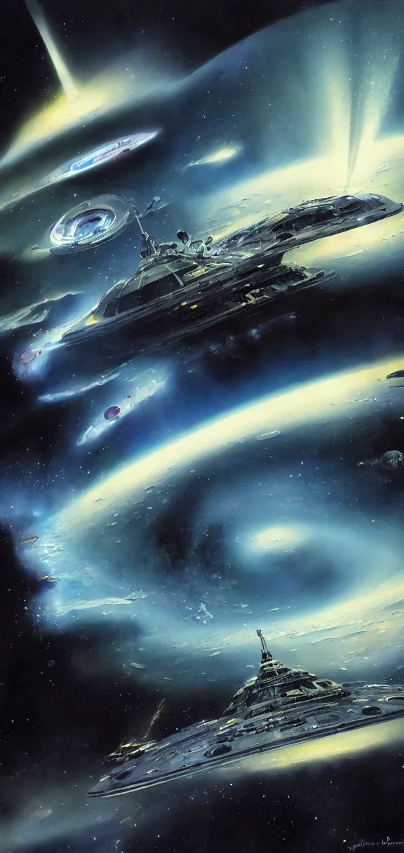 Image similar to a spaceship dreadnought lazily entering a black hole, deep space exploration, concept art, by john berkey
