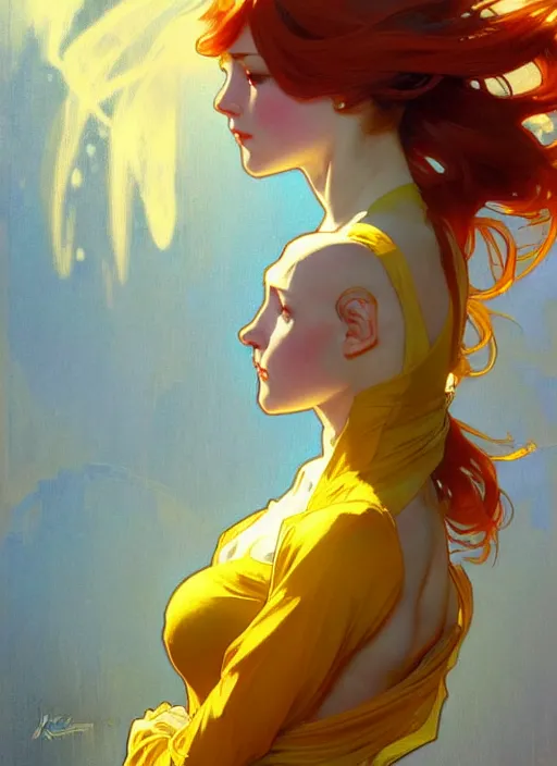 Image similar to digital character concept art by artgerm and greg rutkowski and alphonse mucha. clear portrait of a pin - up young wife, redhead, blue and yellow clothes, shabby, defiant, light effect, 8 k, hyper detailed, intricate, elegant, digital painting, artstation, smooth, sharp focus