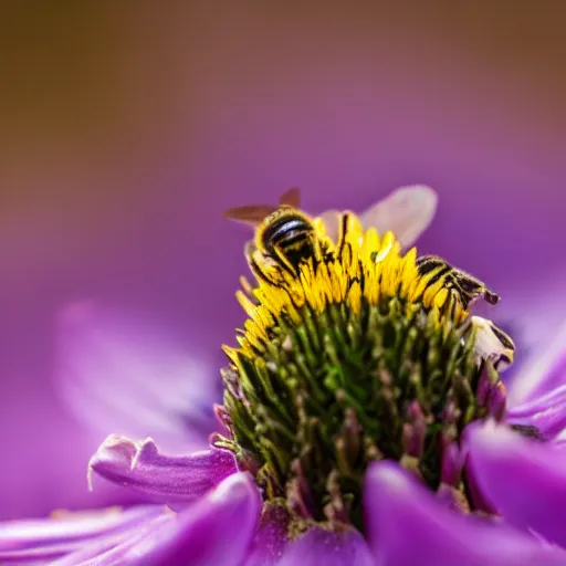 Image similar to macro photography of a landing of a bee on a high detailed dog's nose. pollen on the nose. contest winning photography. 8 k. hyper - realistic