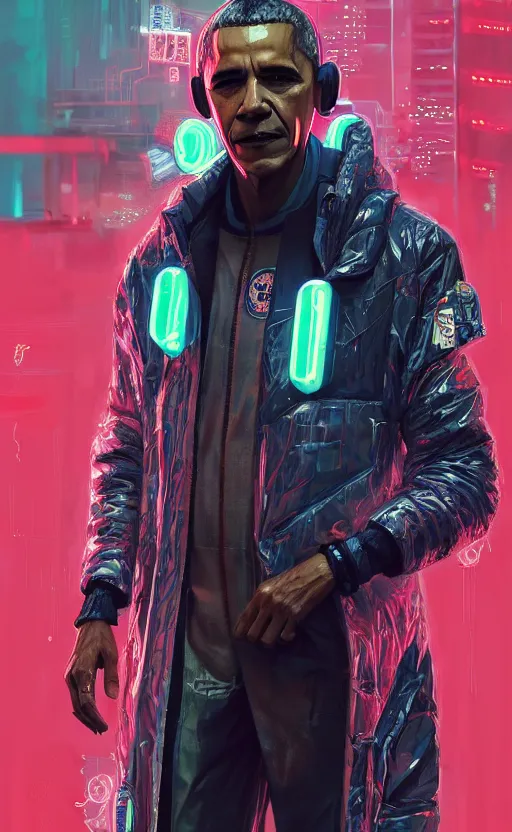 Image similar to detailed portrait obama, cyberpunk futuristic neon, reflective puffy coat, decorated with traditional japanese ornaments by ismail inceoglu dragan bibin hans thoma greg rutkowski alexandros pyromallis nekro rene maritte illustrated, perfect face, fine details, realistic shaded, fine - face, pretty face