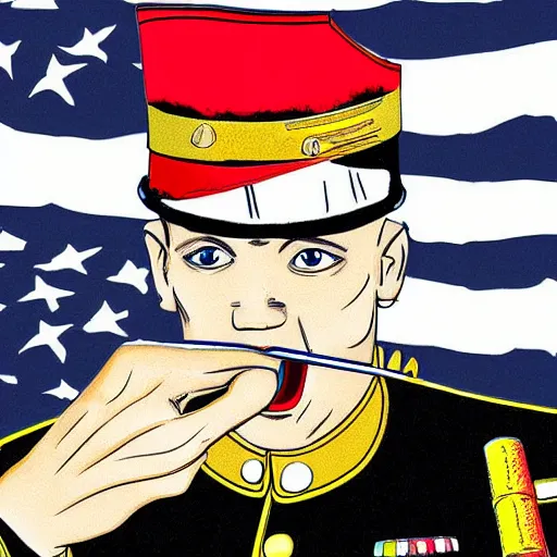 Image similar to usmc sargent eating crayons, realistic, illustration
