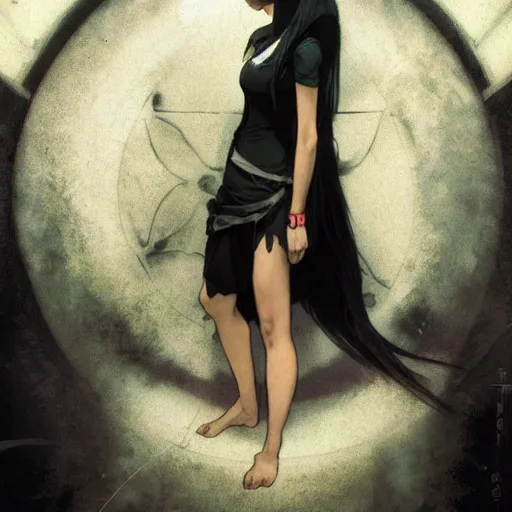 Image similar to a lonely young girl with straight long black hair wearing black dress that sitting on bathroom floor, art by artgem, greg rutkowski and alphonse mucha for capcom co, resident evil