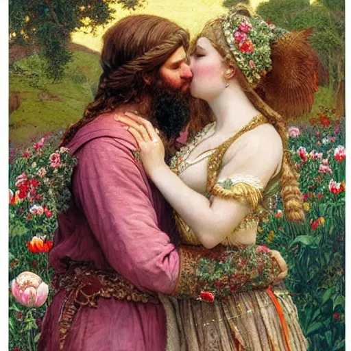 Prompt: a white skinned red bearded viking and a beautiful brown skinned indian princess kiss in a field of peonies, masterpiece, highly detailed, oil on canvas, art by rebecca guay