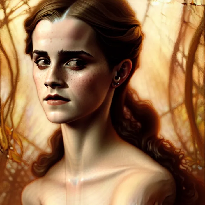 Prompt: ancient queen emma watson, diffuse lighting, fantasy, intricate, elegant, symetrical, highly detailed, lifelike, photorealistic, digital painting, artstation, illustration, concept art, smooth, sharp focus, art by john collier and albert aublet and krenz cushart and artem demura and alphonse mucha