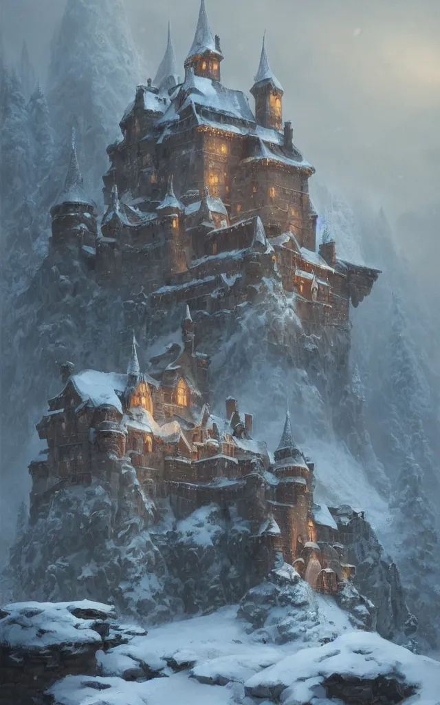 Image similar to a painting of a castle in the middle of a snowy mountain, a detailed matte painting by andreas rocha and greg rutkowski, featured on artstation, fantasy art, matte drawing, matte painting, artstation hq