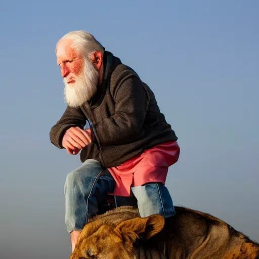 Prompt: old man ( long white beard and a hood ) riding on lions back