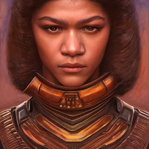 Image similar to zendaya as played in dune, closeup portrait art by donato giancola and greg rutkowski, realistic face, digital art, trending on artstation, symmetry!!