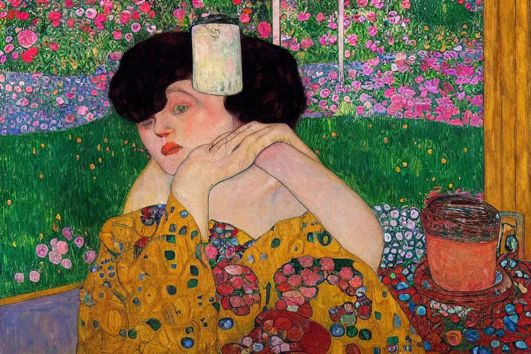 Prompt: an idyllic portrait of a pensive and melancholic young woman gazing outside the window with hope while drinking a cup of coffee. by gustav klimt. early morning. dreamy, whimsical, colorful, floral theme. with collaboration from egon schiele, ernst ludwig kirchner, otto dix, paul serusier, kurt schwitters, max beckmann