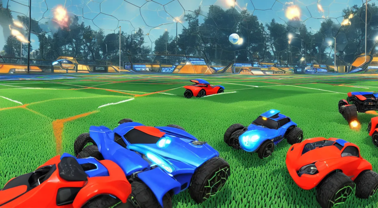 Image similar to a game of rocket league where the two cars have to stop due to a group of lost japanese tourists wandering across the field