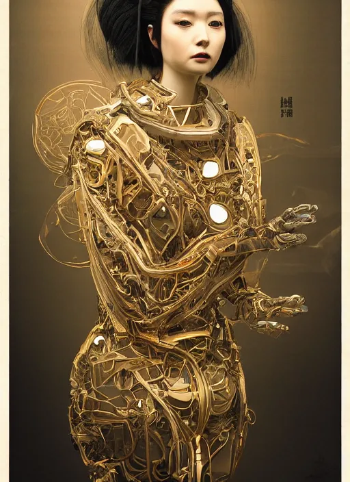 Image similar to portrait of a futuristic artificial intellegence geisha cyborg, kintsugi, modern fine art, fractal, intricate, elegant, highly detailed, digital photography, subsurface scattering, by jheronimus bosch and greg rutkowski,