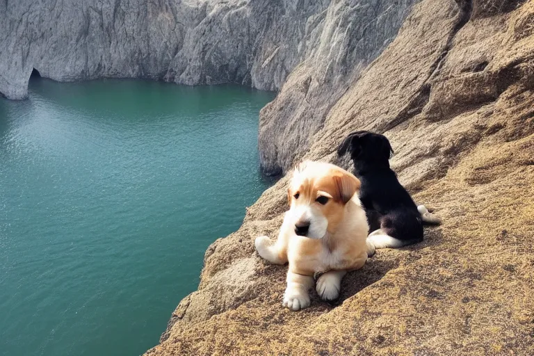 Image similar to a puppy is looking directly at the water below them while they stand at an edge of a cliff