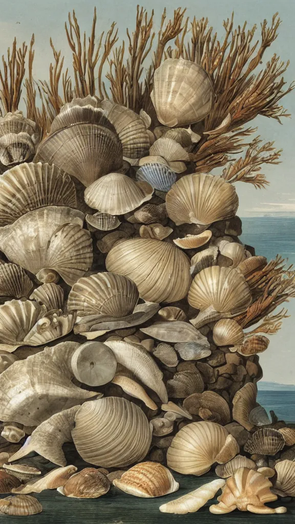 Image similar to a collection of sea shells, illustration by john james audubon circa 1 8 3 8