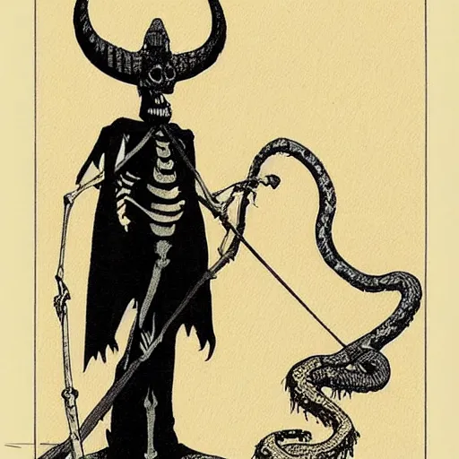 Image similar to A beautiful mixed media art of a horned, red-eyed, skeleton-like creature, with a long black cape, and a staff with a snake wrapped around it, standing in front of a castle atop a cliff. in the USA, Ancient Roman by Charles Robinson, by Terada Katsuya mood, delicate