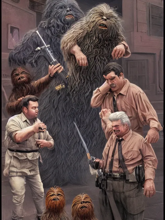 Prompt: rich evans and mike stoklasa save george lucas from a crackhead wookie in 1 9 3 0 s paris, hyperrealistic, 4 k, ultra detailed, intricate detail, octane render, photorealistic, art by wayne barlowe, art by keith parkinson.