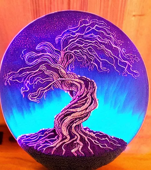 Prompt: pyrography elemental synthwave fiberoptic bonsai