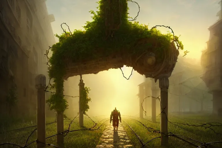 Image similar to a walking ancient city mounted on mechanical legs, vines, pilar, hyperrealistic, highly detailed, cinematic, single ray of sun, fog, beautiful, cgssociety, artstation, 8 k, oil painting