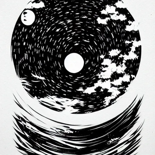 Image similar to full moon, style of shuzo oshimi, black outline, on white, smooth, thin sharp lines, detailed