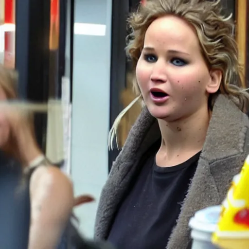 Image similar to fat jennifer lawrence crying in mcdonalds eating a burger