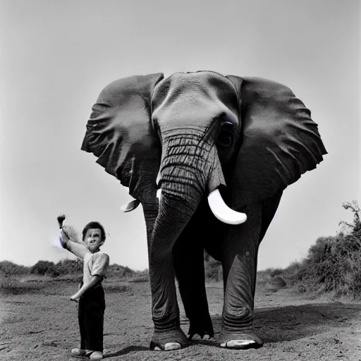 Image similar to a highly detailed photo by annie leibowitz of a small boy standing next to an elephant with an extremely long trunk