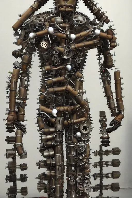 Prompt: an ironman full body sculpture made out of nut, bolts, screws, pipes, gears, and other spare parts