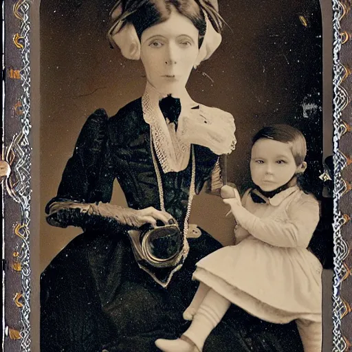 Image similar to portrait of a life size victorian female clockwork robot standing in with a human child in her care, 8 k, soft lighting, highly detailed realistic, face in focus polaroid photography