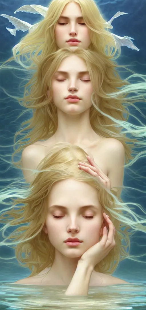 Image similar to perfect feminine face meditation!! murky underwater atmosphere, wind blowing, full body portrait of young fairy goddess blessed by nature, physical mental perfection, blonde, symmetrical! intricate, sensual, highly detailed, biblical divine holy perfection!! digital painting, artstation, concept art, smooth, sharp focus, by artgerm and greg rutkowski and alphonse mucha