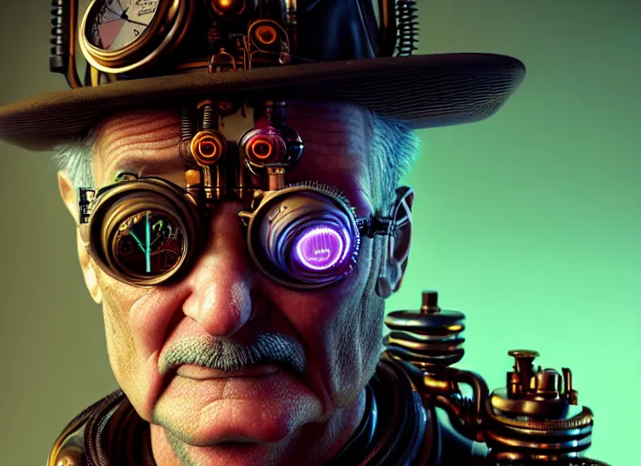 Image similar to an intricately detailed ultra - realistic unreal engine 5 rendering of a portrait of steampunk cyberpunk neon - bordered cyborg bill murray, concept art, intricate details, eerie, highly detailed, photorealistic, octane render, 8 k uhd art by kilian eng