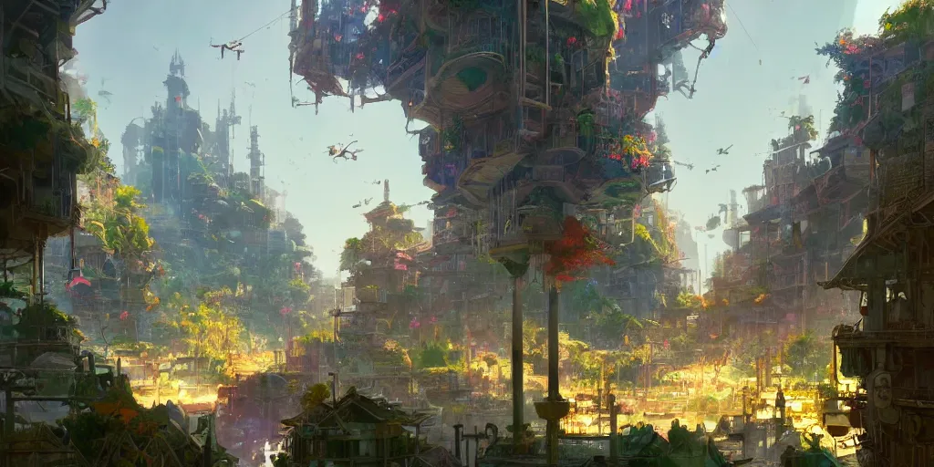 Prompt: a breathtaking fantasy solarpunk city, illustration by tiago sousa and greg rutkowski, bright sunlight, vivid and colorful trees and plants and flowers hanging from buildings, smooth digital concept art, 4 k, trending on artstation