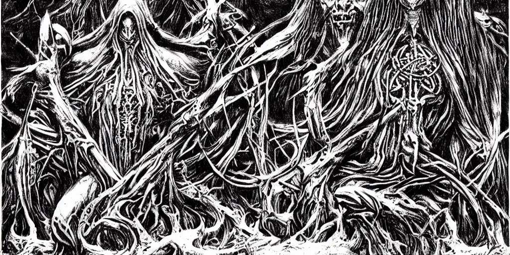 Image similar to Darkthrone themed drawing of unholy darkness black metal logo concept, intricate artwork by Christophe Szpajdel, H.R. Giger, Johnatan Wayshak, Zdizslaw Beksinski, Ayami Kojima, Amano, Karol Bak, Moebius, and Mark Brooks, Neo-Gothic, gothic, rich deep colors, art by Takato Yamamoto, masterpiece, face by Artgerm, very coherent artwork, cinematic, hyper realism, high detail, octane render, unreal engine, 8k, High contrast, golden ratio, trending on cgsociety