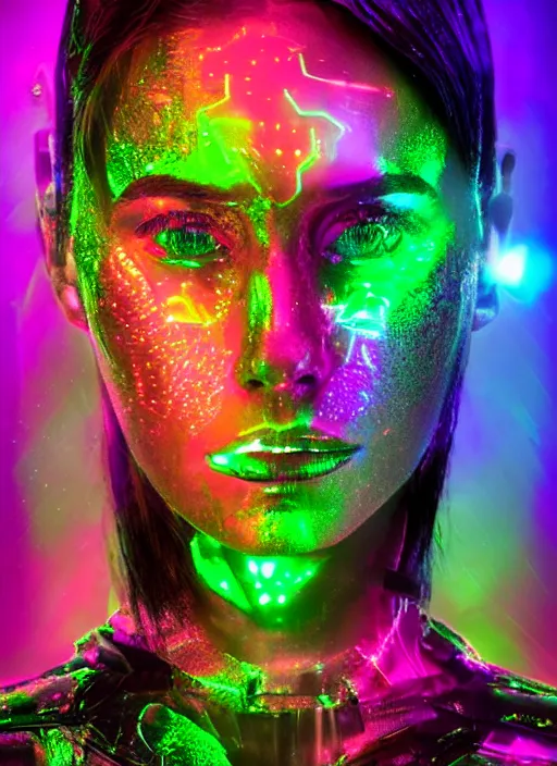 Prompt: dramatic cyberpunk portrait of a metallic woman's face, crystalline, bioluminescent, red glow, green glow, blue glow, atmospheric haze, intense shading, chromatic aberration, glitch, backlit, bokeh, centered
