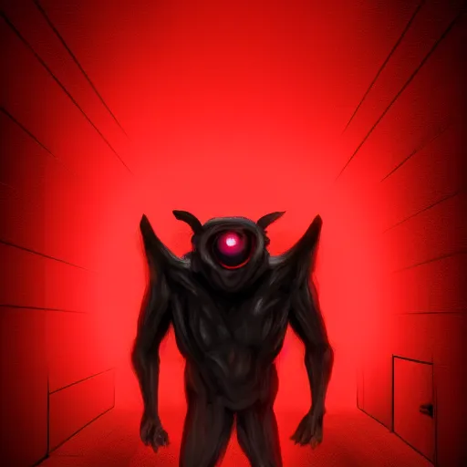 Image similar to [ horrific anthropomorphic pitch black creature with glowing red eyes ]! standing in an [ immensely dark corridor ]!, digital art style, concept art, trending on [ artstation ], contest winner, award winning, 4 k quality