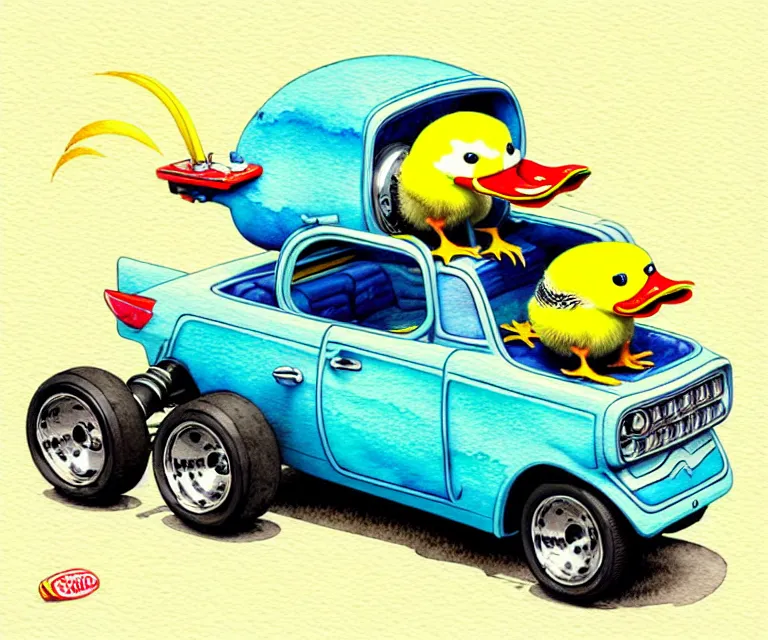 Prompt: cute and funny, duckling driving a tiny hot rod with an oversized engine, ratfink style by ed roth, centered award winning watercolor pen illustration, isometric illustration by chihiro iwasaki, edited by craola, tiny details by artgerm and watercolor girl, symmetrically isometrically centered